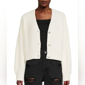 No Boundaries Juniors Winter White Ribbed Jewel Button Cardigan Sz Large (11/13)